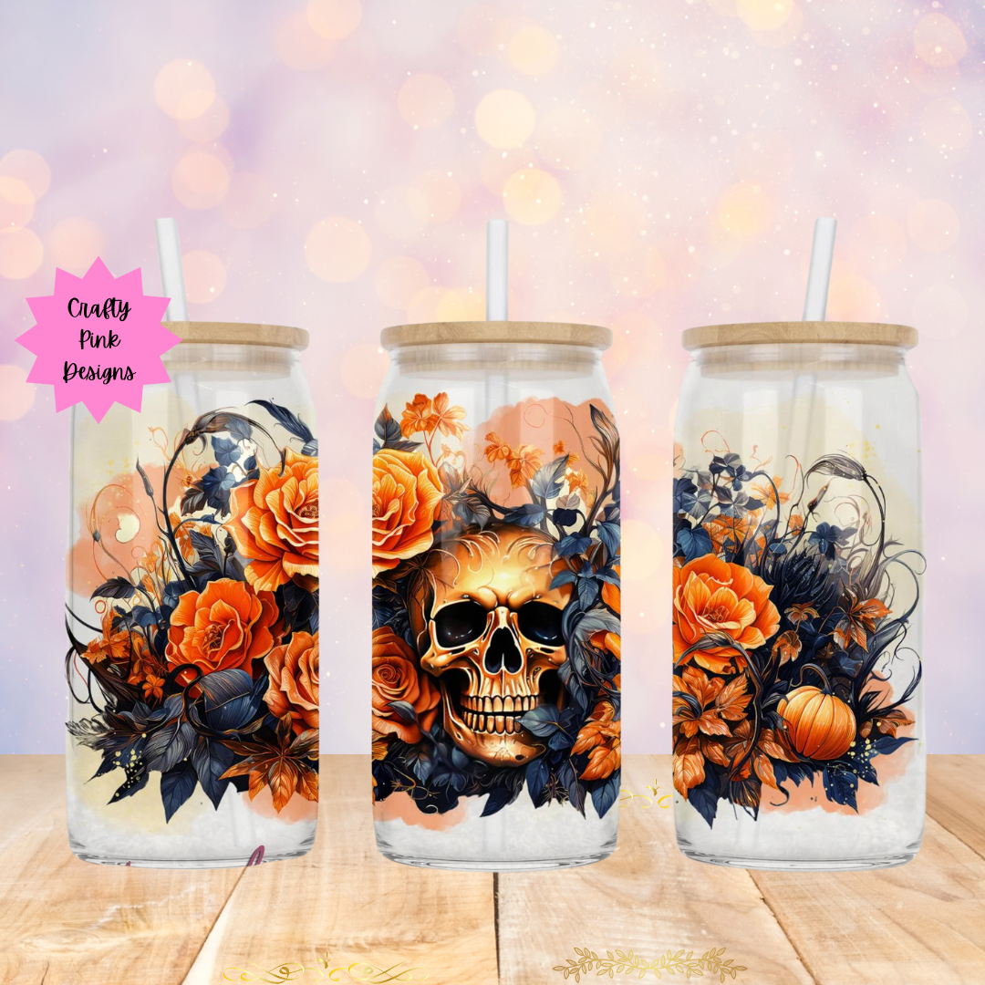 Floral Skull 16oz Glass Can